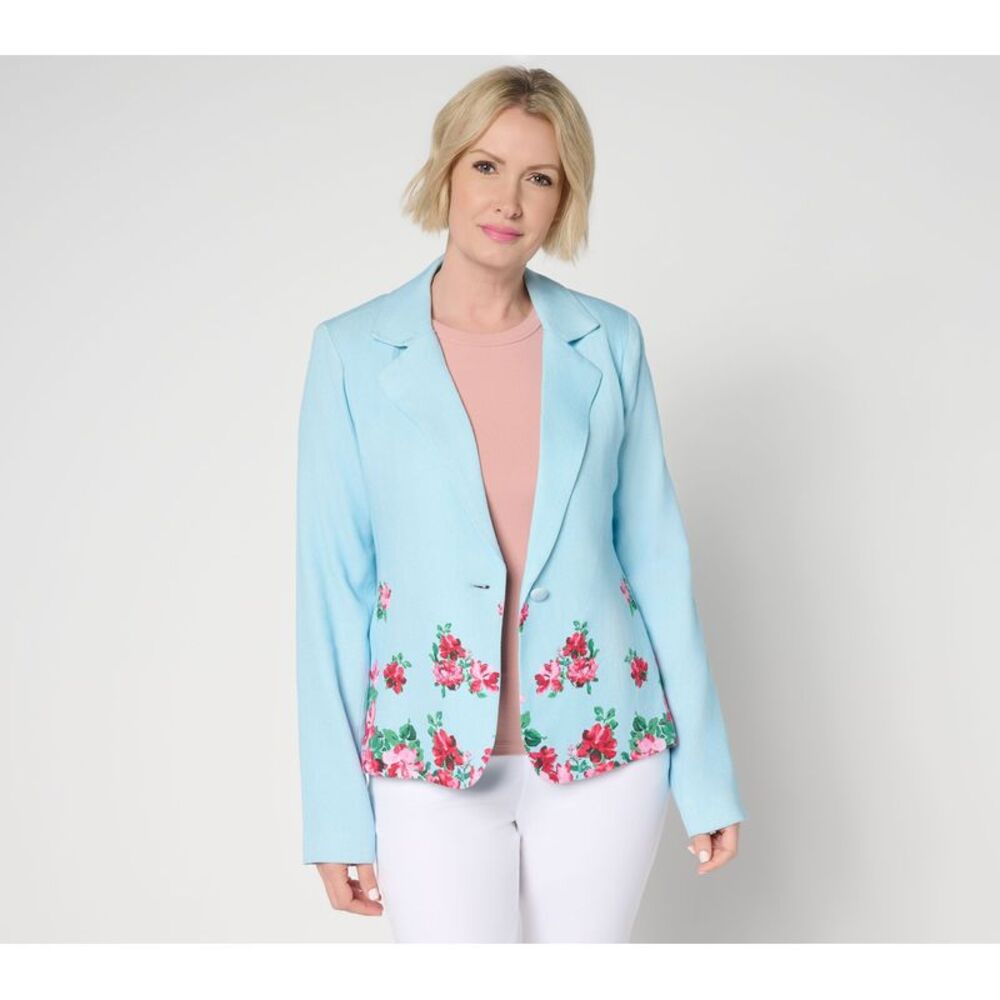 SUNNYLiFE Women's Jacket Sz M Linen Blend Border Print Single AntiqueBlue